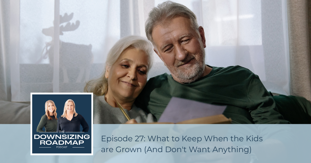 Older couple sorting childhood keepsakes from their grown kids in a cozy living room