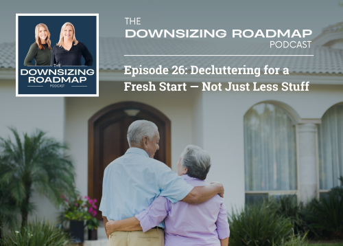 Couple standing outside their home with arms around each other, looking toward the front door, symbolizing a fresh start after decluttering.