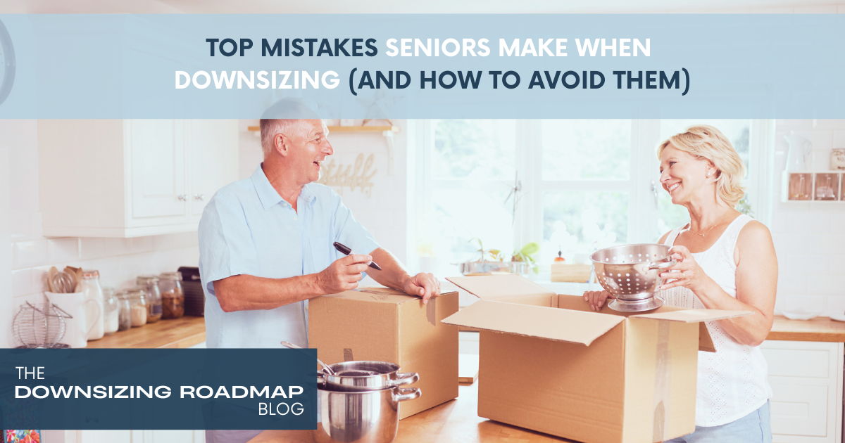 Senior couple sorting belongings in a bright living room, smiling while packing boxes.