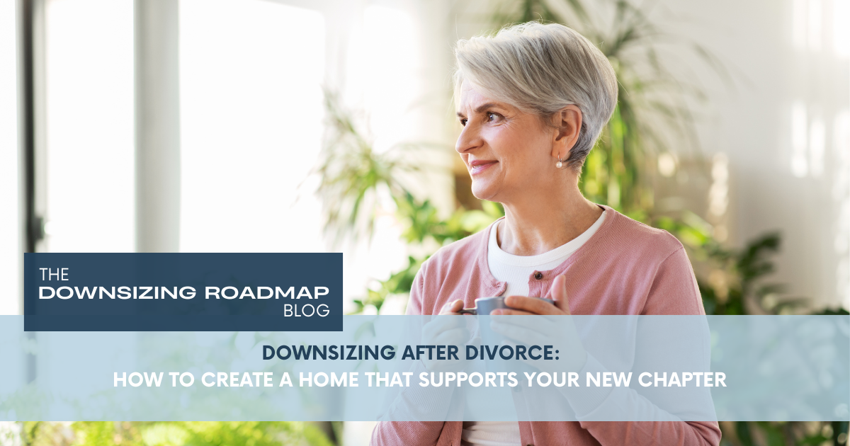 Woman thoughtfully planning downsizing after divorce in a calm living space