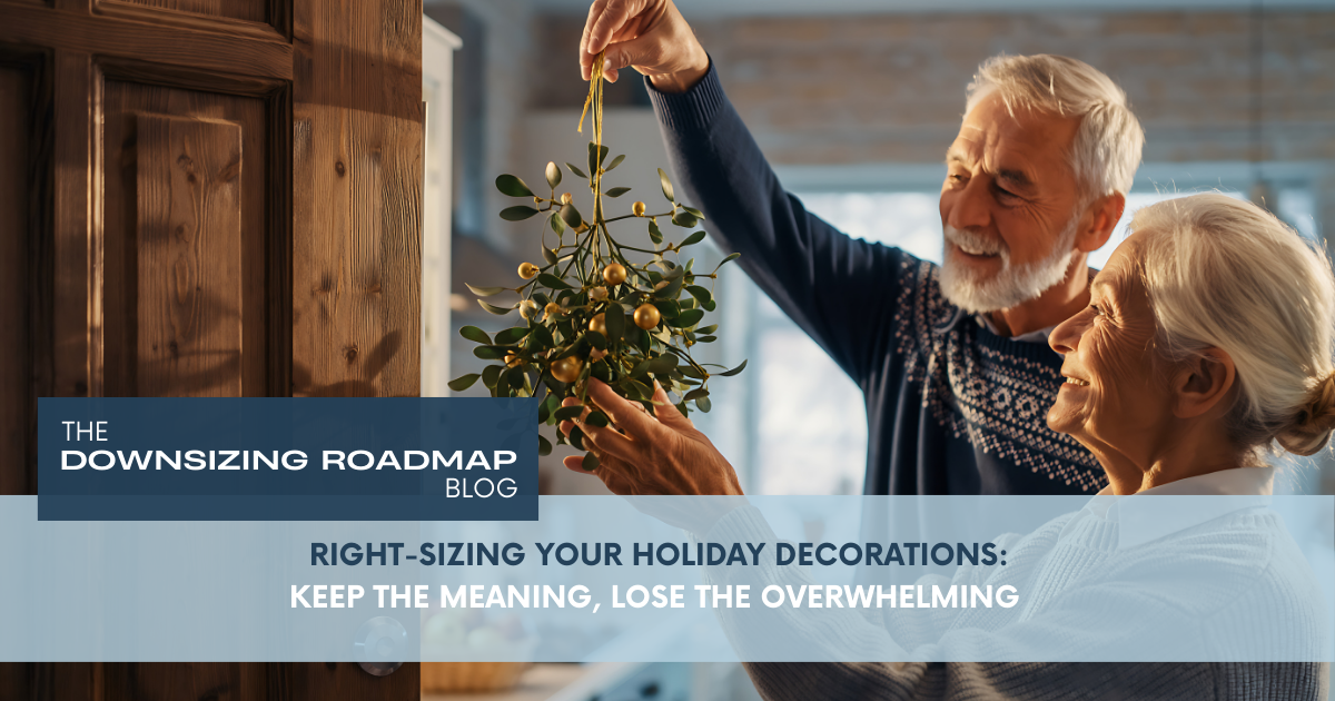 Senior couple looking at a holiday decoration.