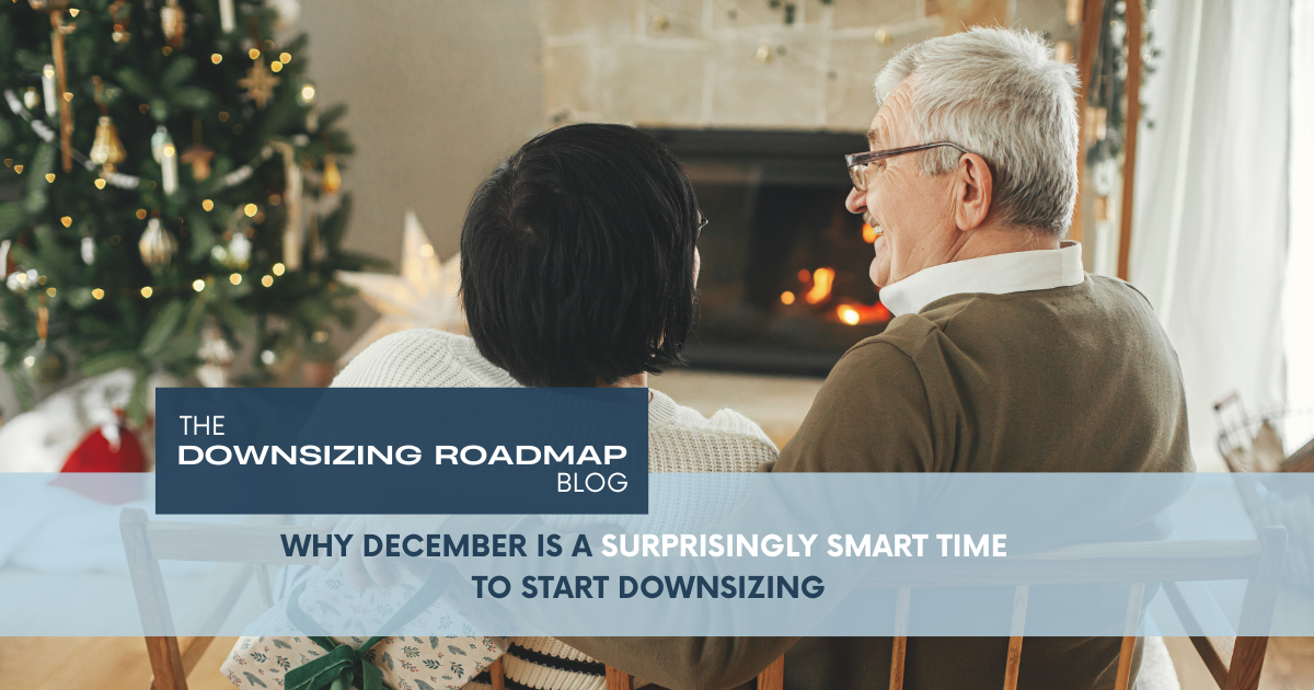 Senior couple beginning downsizing in December by sorting holiday décor together.