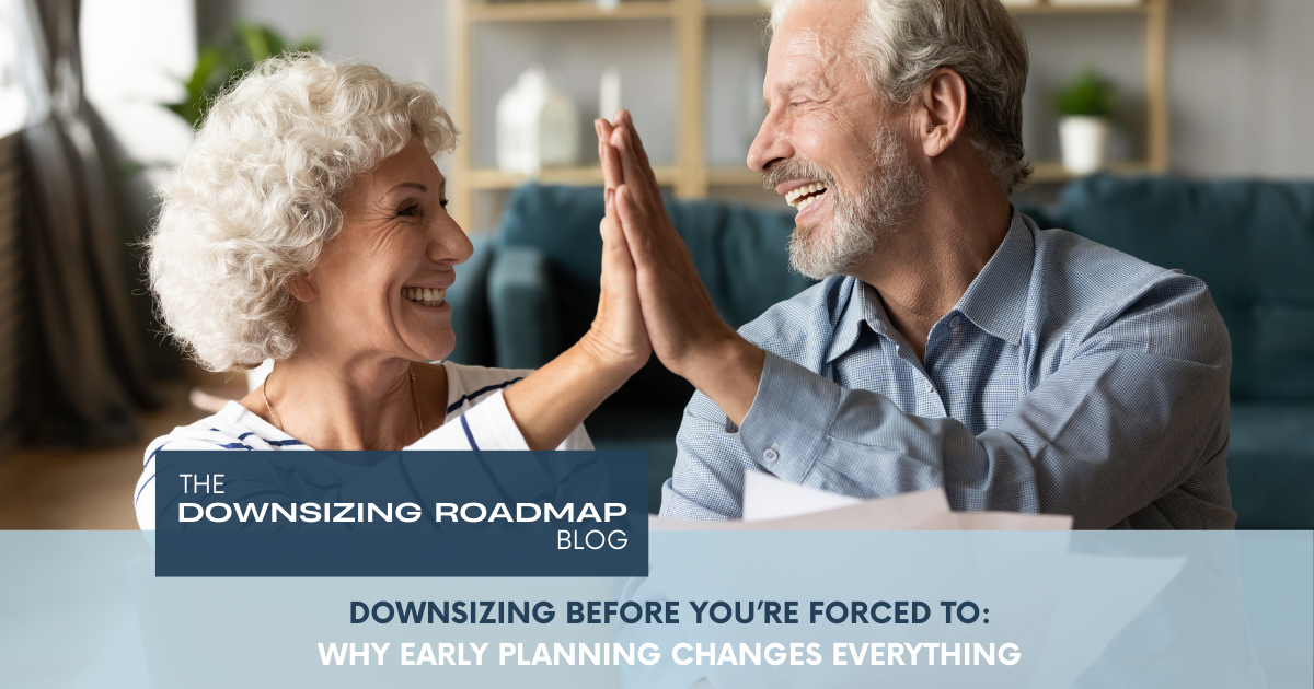 Older couple smiling and celebrating early downsizing planning together in their living room