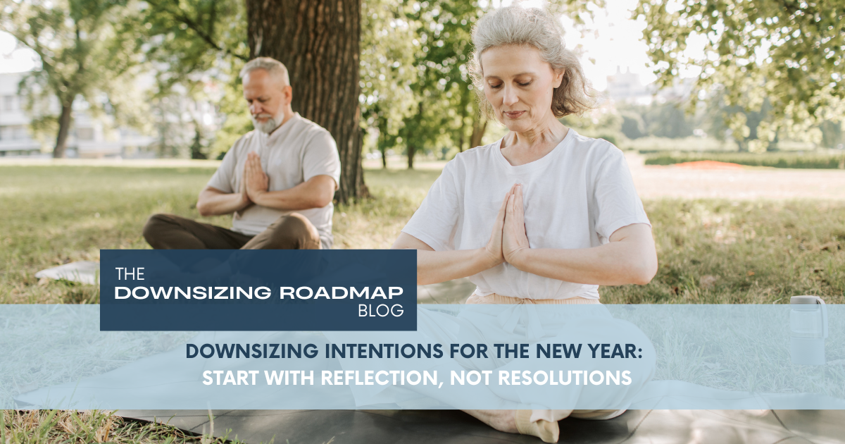Older couple sitting outdoors in a peaceful park, practicing mindfulness and reflection, representing downsizing intentions for the new year and starting with reflection instead of resolutions.