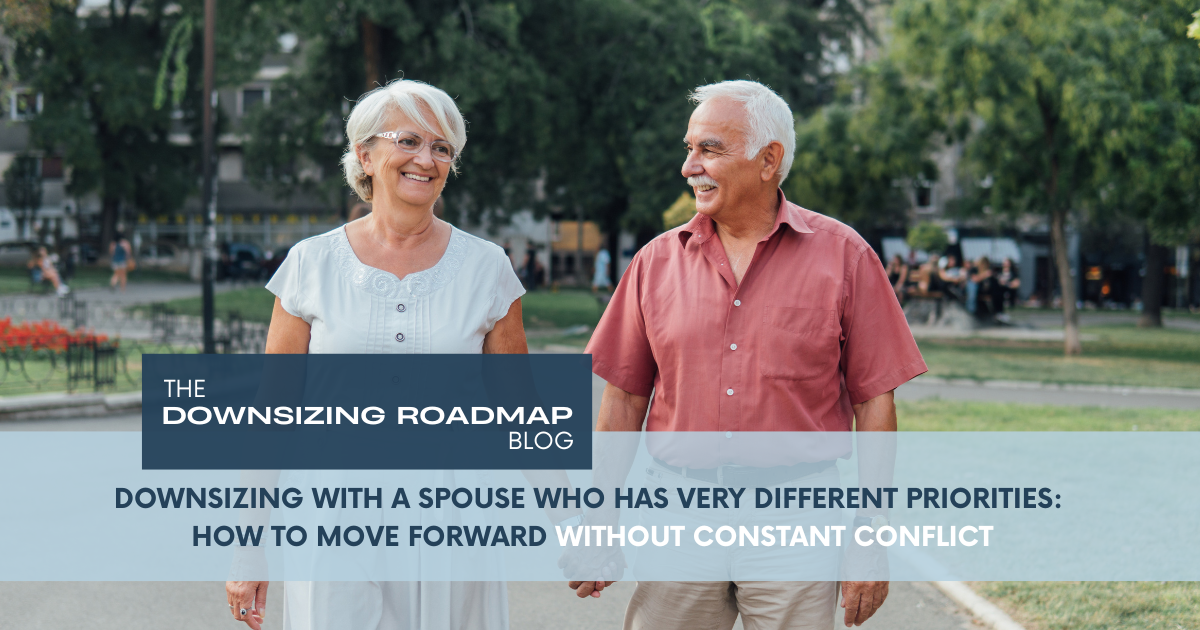 Couple reviewing downsizing decisions together on a walk while discussing priorities