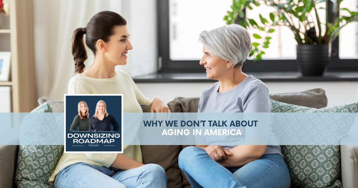 Family having conversation about aging in America in living room