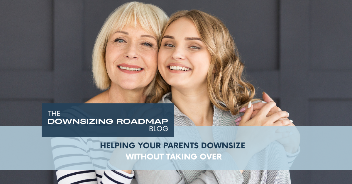 Adult daughter helping her aging parents sort belongings during the downsizing process