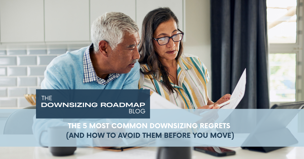 Couple reviewing downsizing plans together to avoid common downsizing regrets