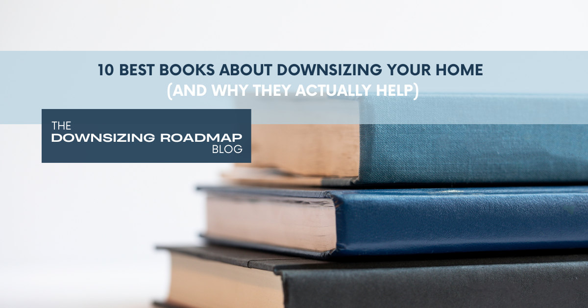 Stack of books about downsizing and simplifying your home on a wooden table