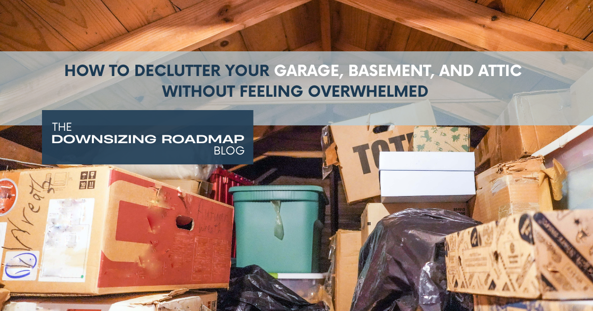 Cluttered attic or garage storage space filled with stacked boxes and bins, representing the challenge of decluttering the big three spaces before downsizing