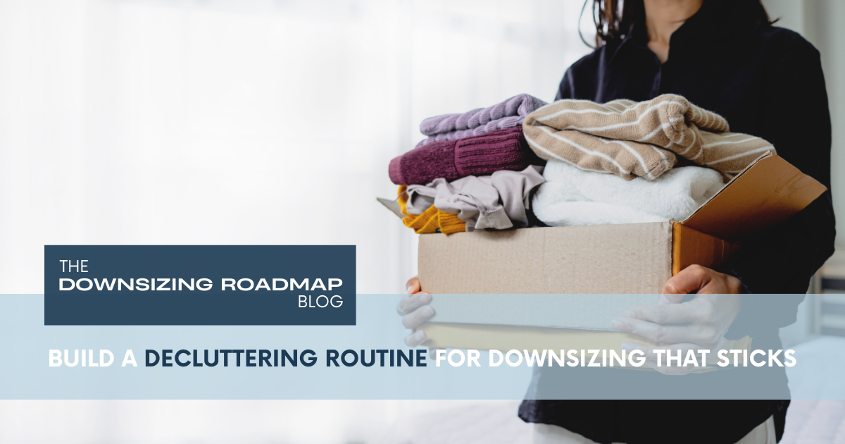 A person sorting items into labeled bins as part of a decluttering routine for downsizing