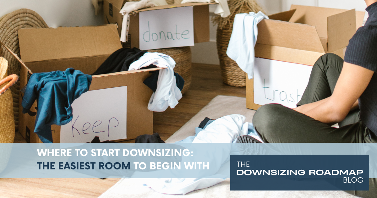 Calm, organized guest room being sorted as a first step in where to start downsizing
