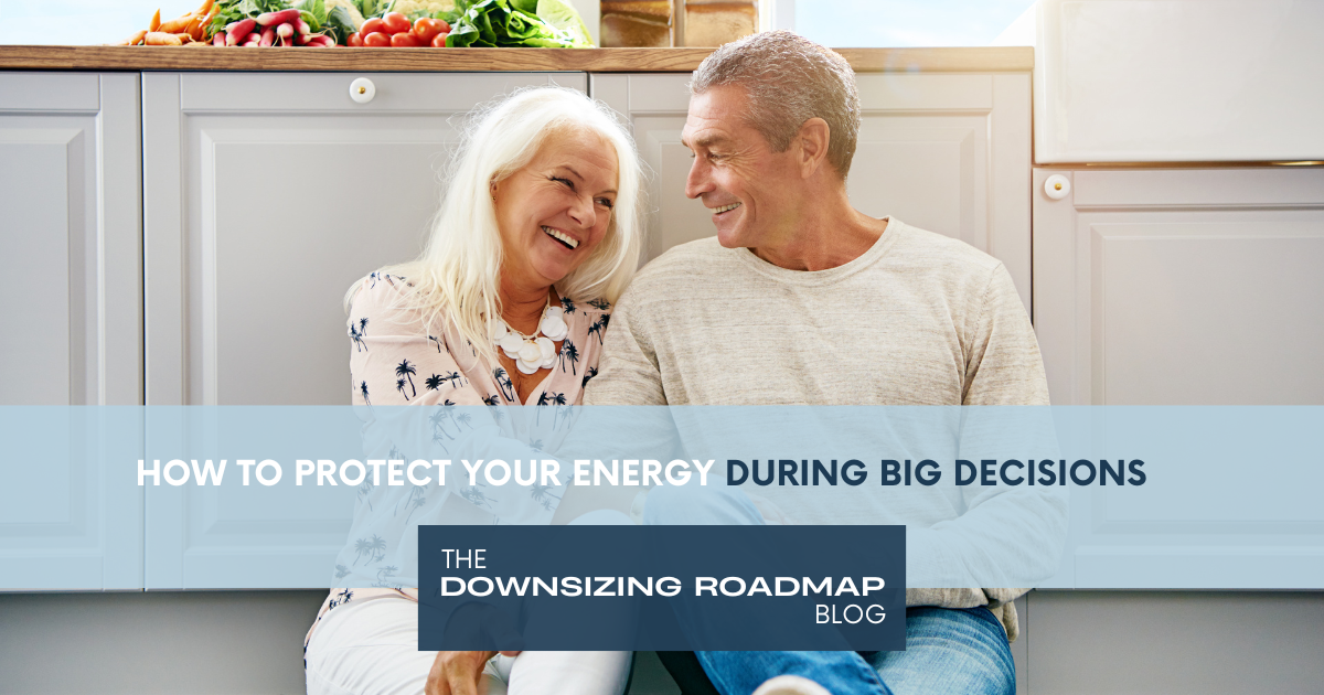 Calm older couple resting in a sunlit kitchen, illustrating how to protect your energy during big decisions