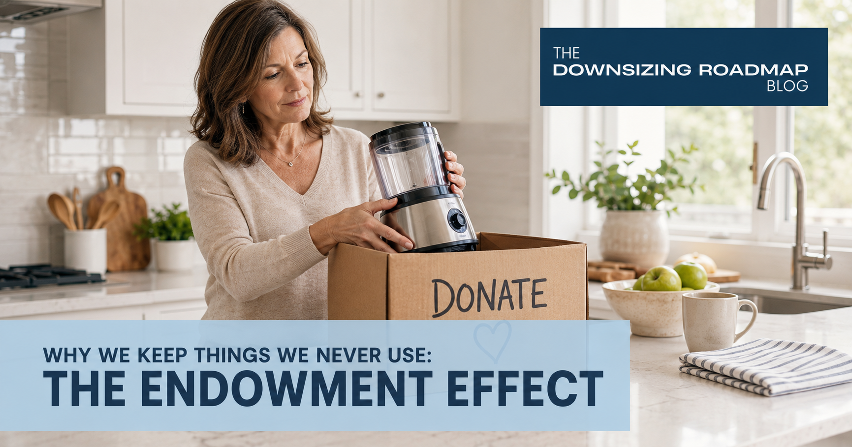Woman holding an unused kitchen appliance over a donation box, showing why we keep things we never use