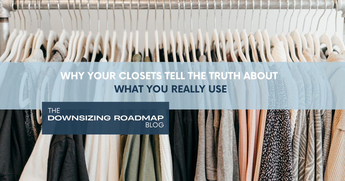 Organized open closet showing neatly hung clothes representing what you actually use every day