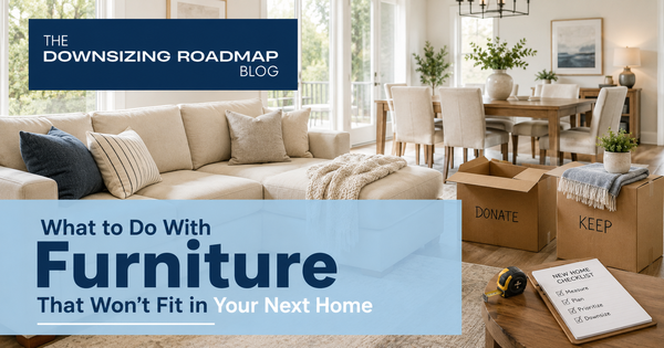 Large sectional sofa and dining table staged in a living room during a downsizing move