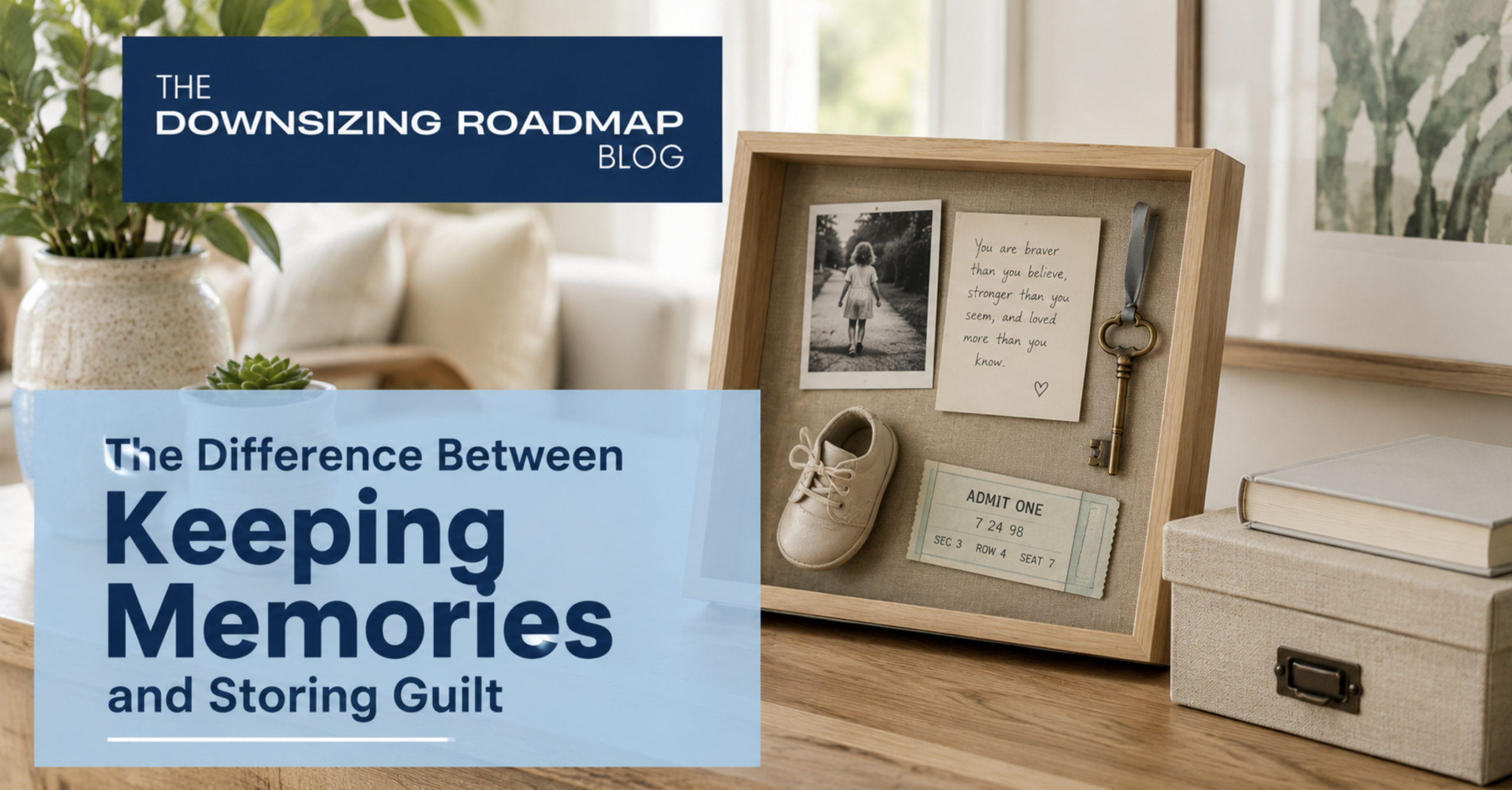 Shadowbox of framed keepsakes showing how to keep memories instead of storing guilt