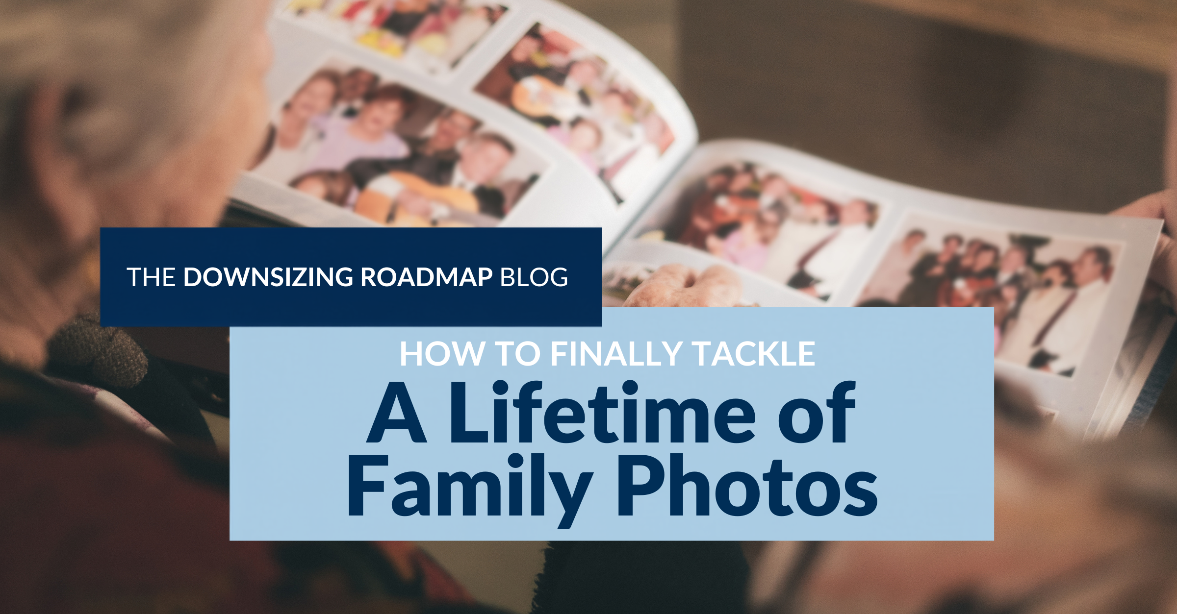 Woman sorting decades of family photos into a smaller collection while downsizing